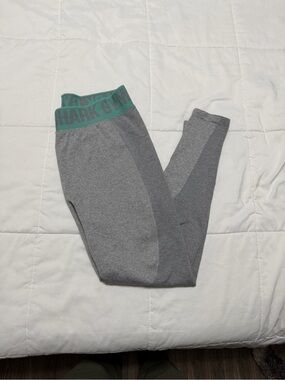 Gymshark Gray Leggings with Teal Logo Waistband